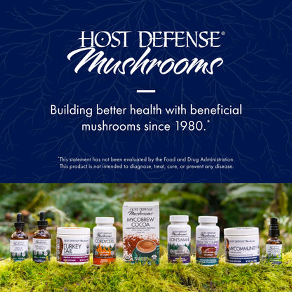 Imported Host Defense organic seven mushroom blend powder packaging close up