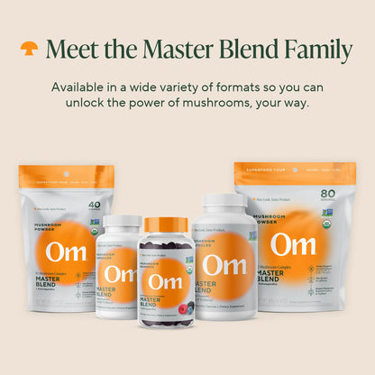 Om Mushroom Superfood 168 vegetable capsules bottle showing fifty six day supply