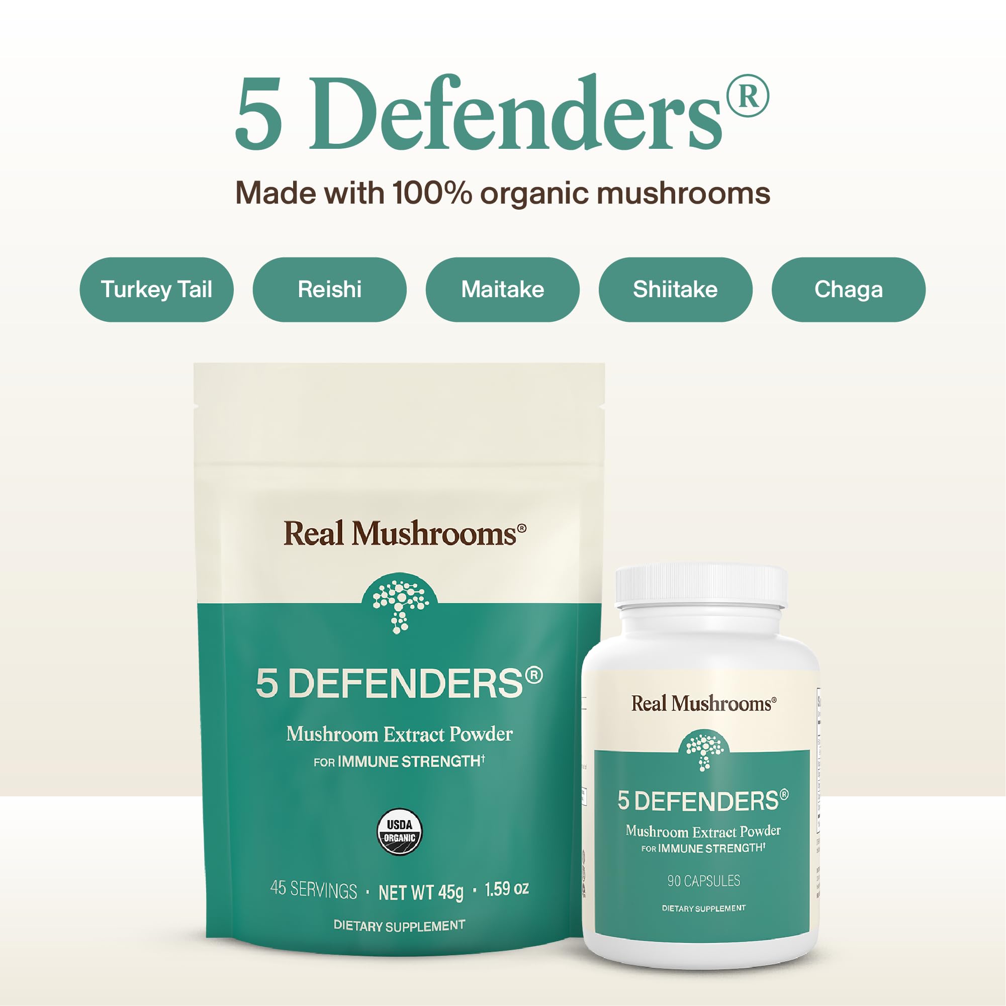 Real Mushrooms 5 Defenders supplement bottle showing premium organic ingredients label