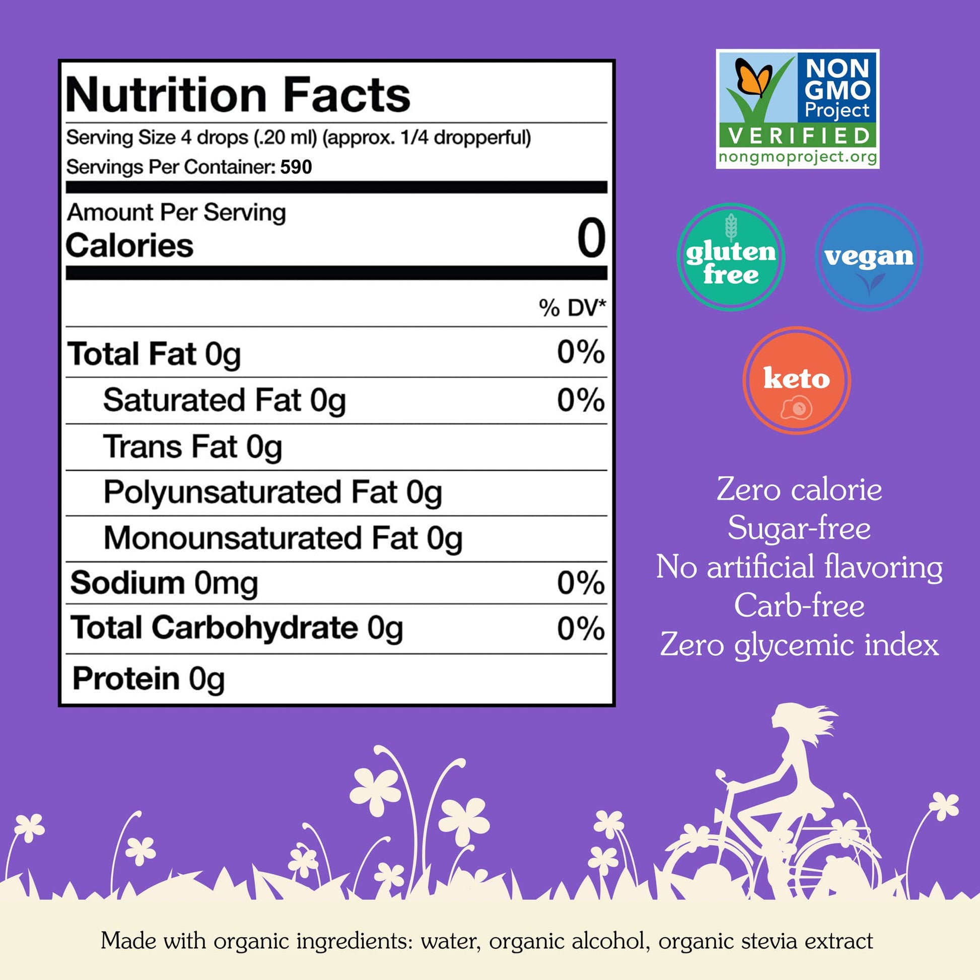 NuNaturals plant-based sugar substitute liquid drops bottle showing organic certification labels
