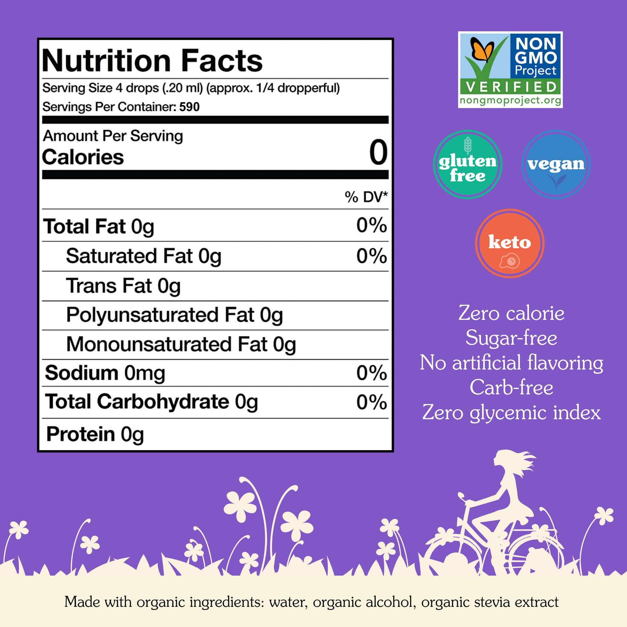 NuNaturals plant-based sugar substitute liquid drops bottle showing organic certification labels