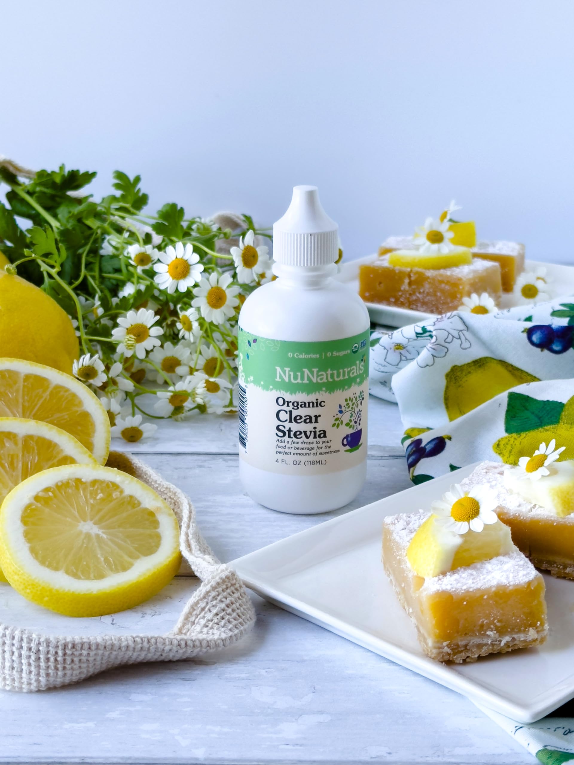 NuNaturals organic clear stevia liquid extract ingredient list and nutrition facts label close up
