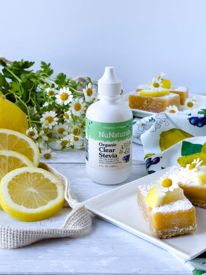 NuNaturals organic clear stevia liquid extract ingredient list and nutrition facts label close up