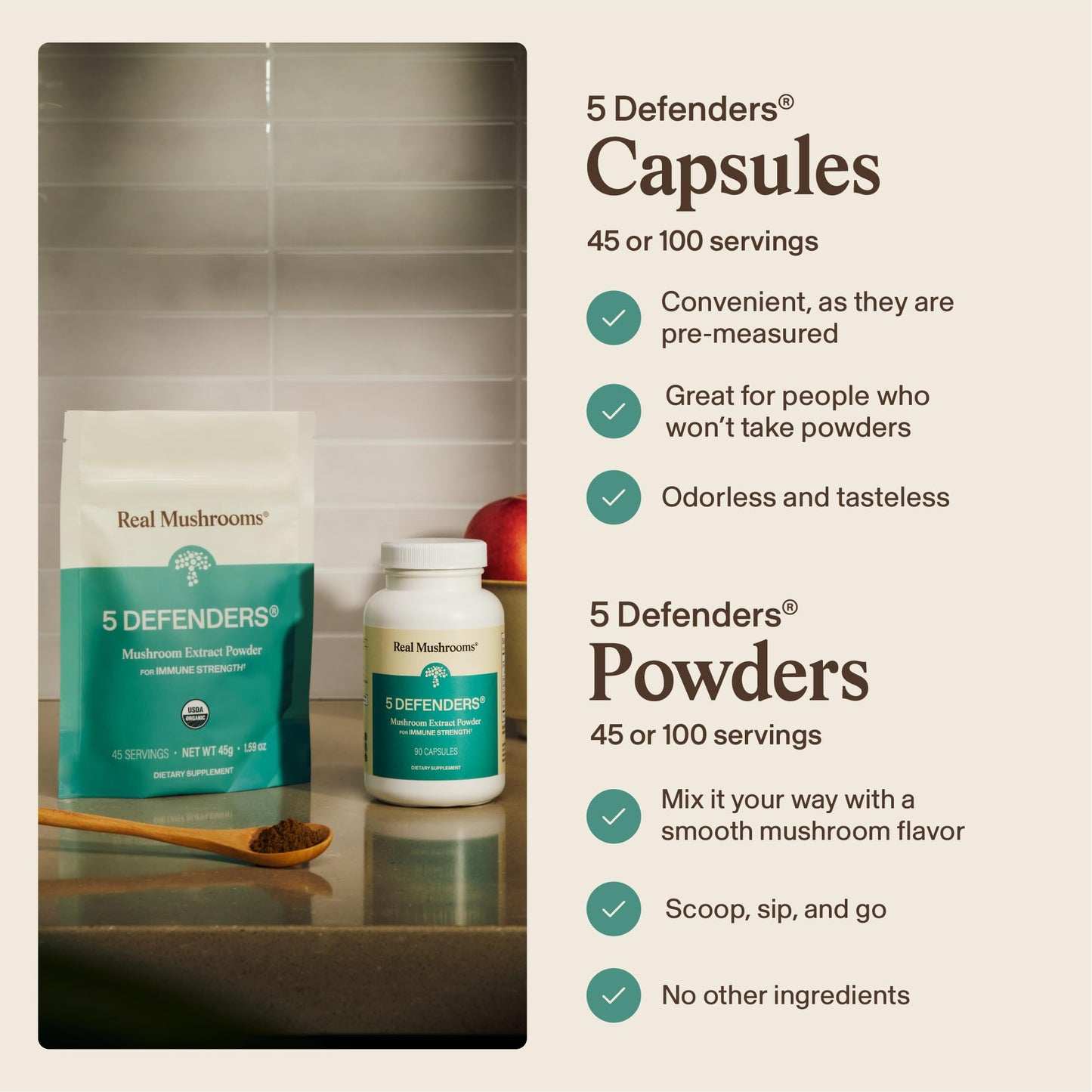 Authentic Real Mushrooms beta glucan extract capsules displaying nutritional facts