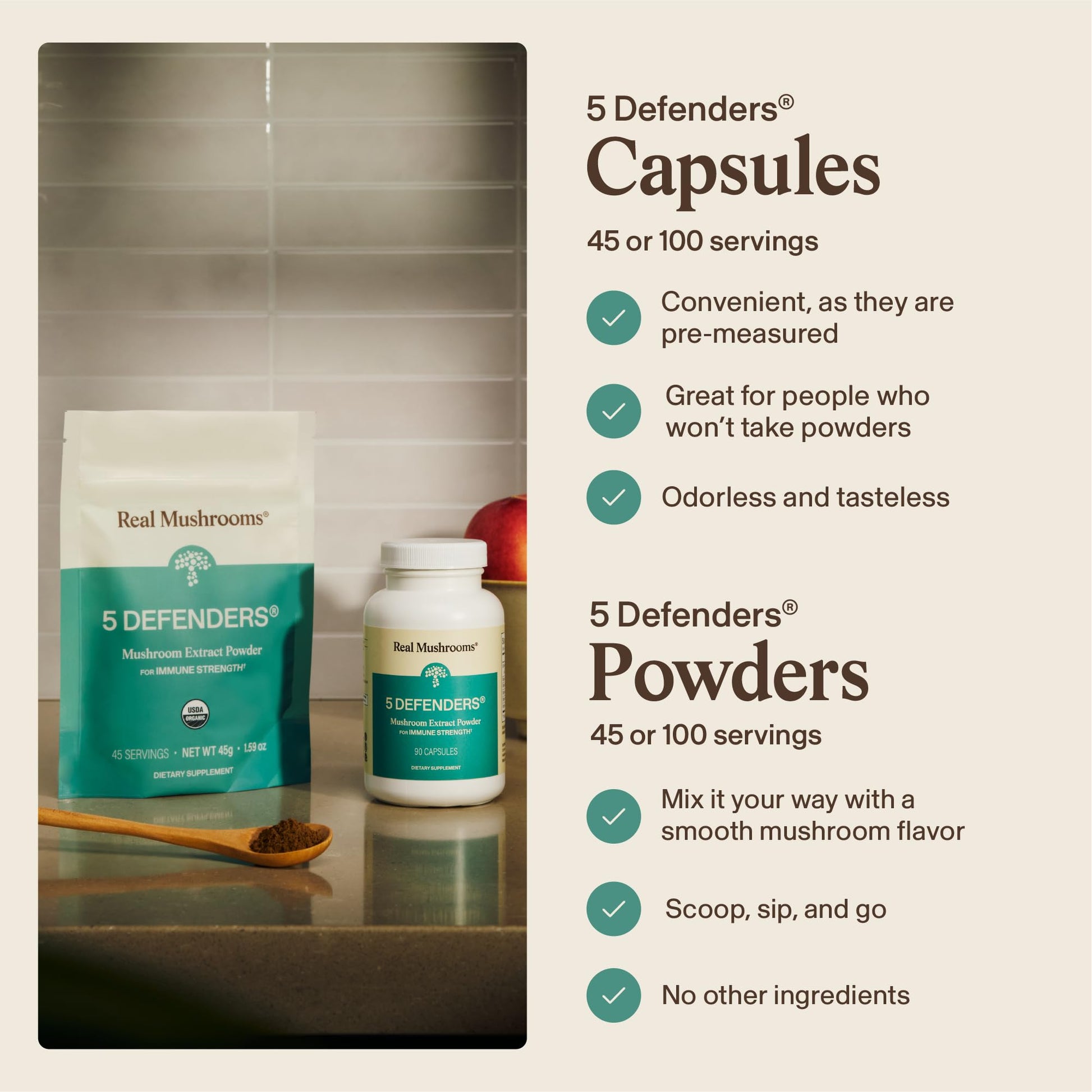 Authentic Real Mushrooms beta glucan extract capsules displaying nutritional facts