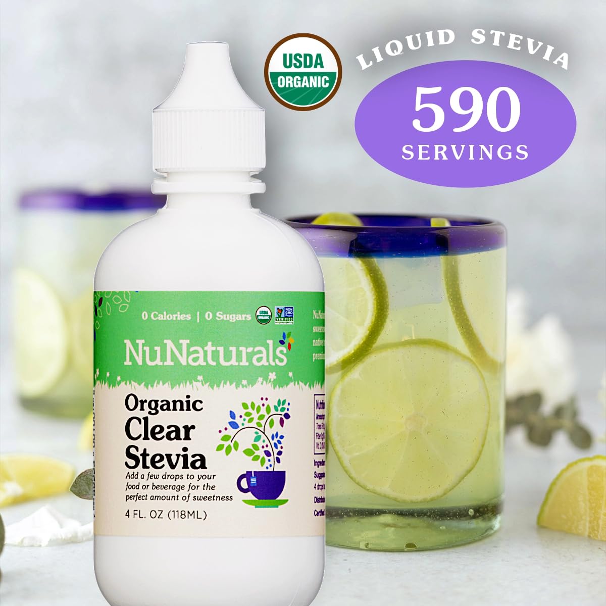 NuNaturals premium USA imported organic clear stevia sweetener drops packaging