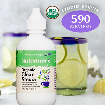 NuNaturals premium USA imported organic clear stevia sweetener drops packaging