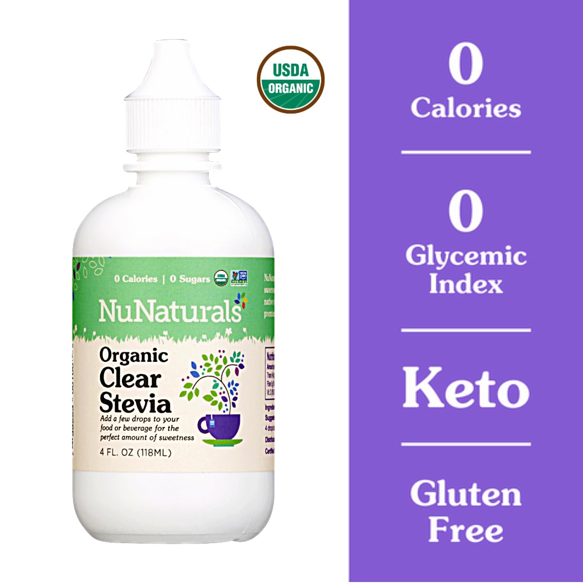 NuNaturals unflavored organic stevia extract zero sugar drops bottle display