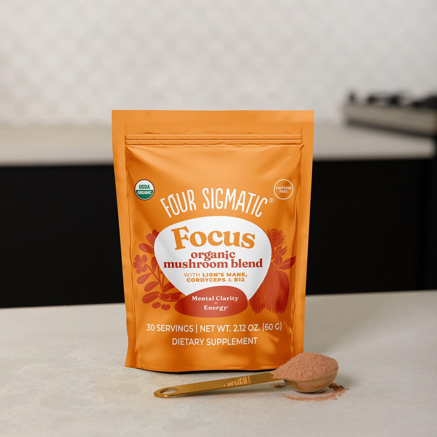 Supplement facts panel of Four Sigmatic Lion's Mane and Cordyceps powder.
