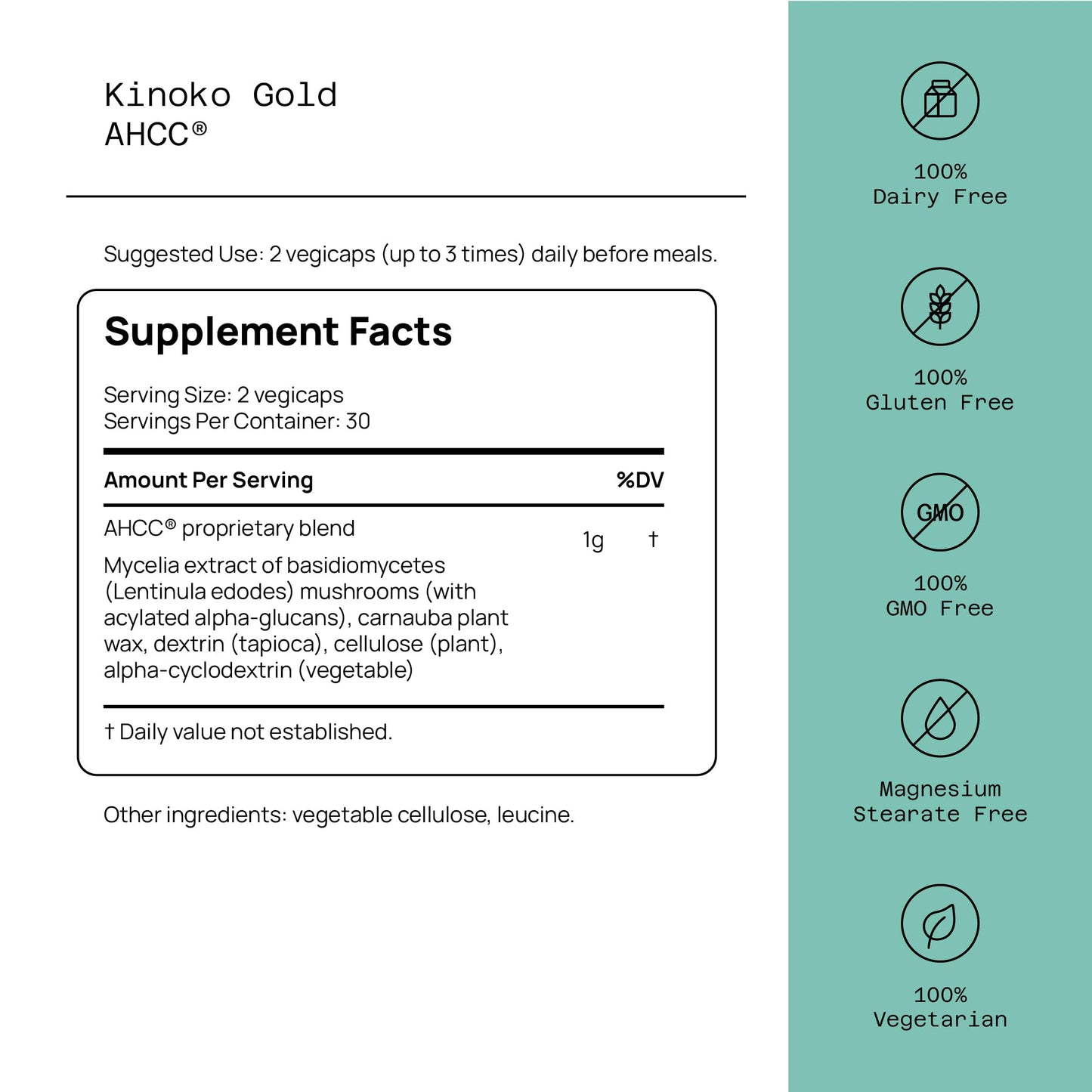 Quality of Life mushroom immune support supplement sixty capsules label details.