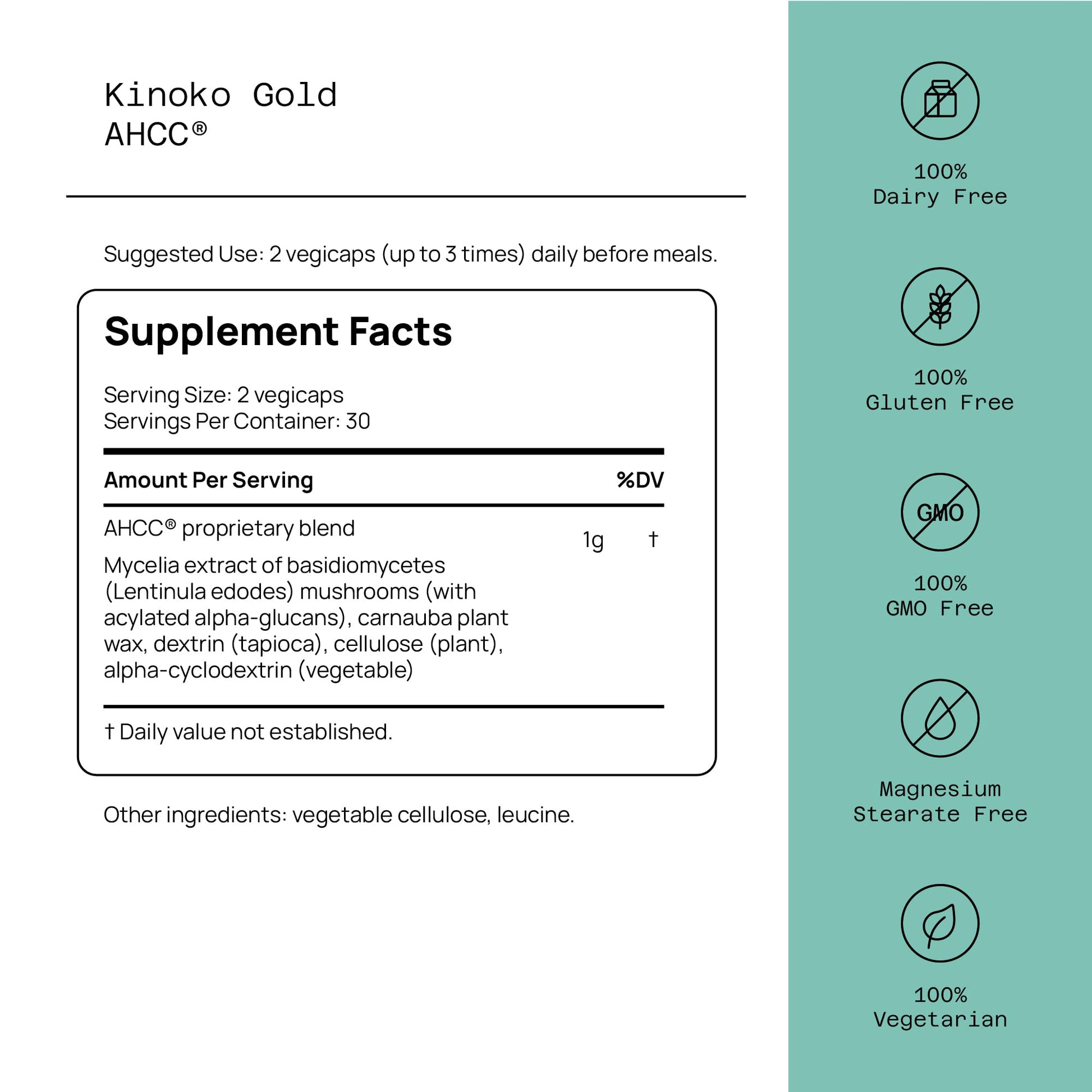 Quality of Life mushroom immune support supplement sixty capsules label details.