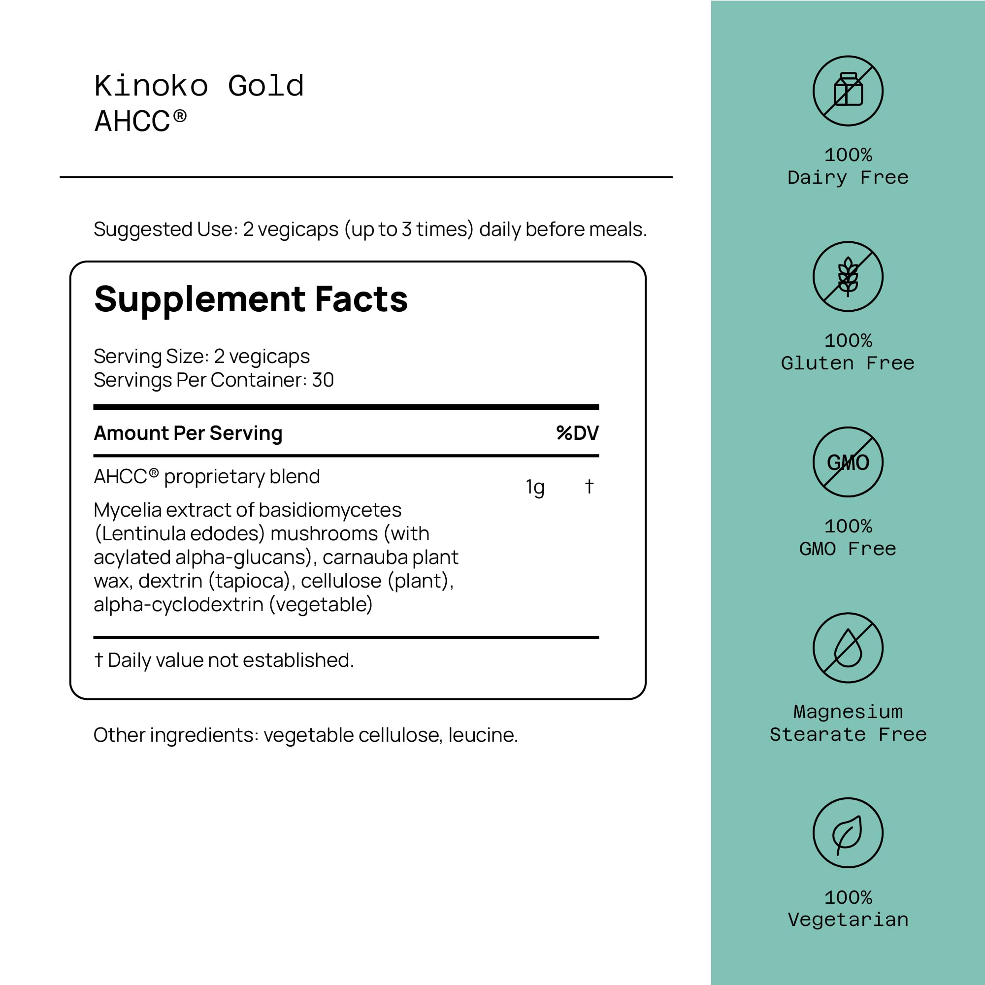 Quality of Life mushroom immune support supplement sixty capsules label details.