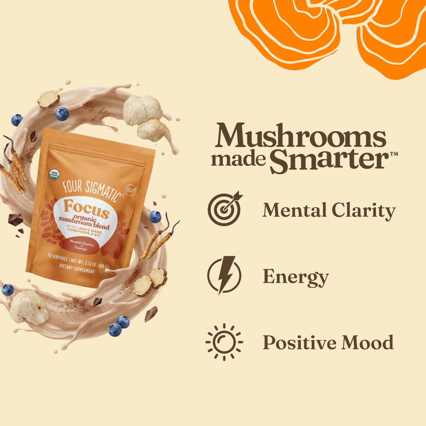 Authentic Four Sigmatic mushroom blend powder being mixed into a morning coffee mug.