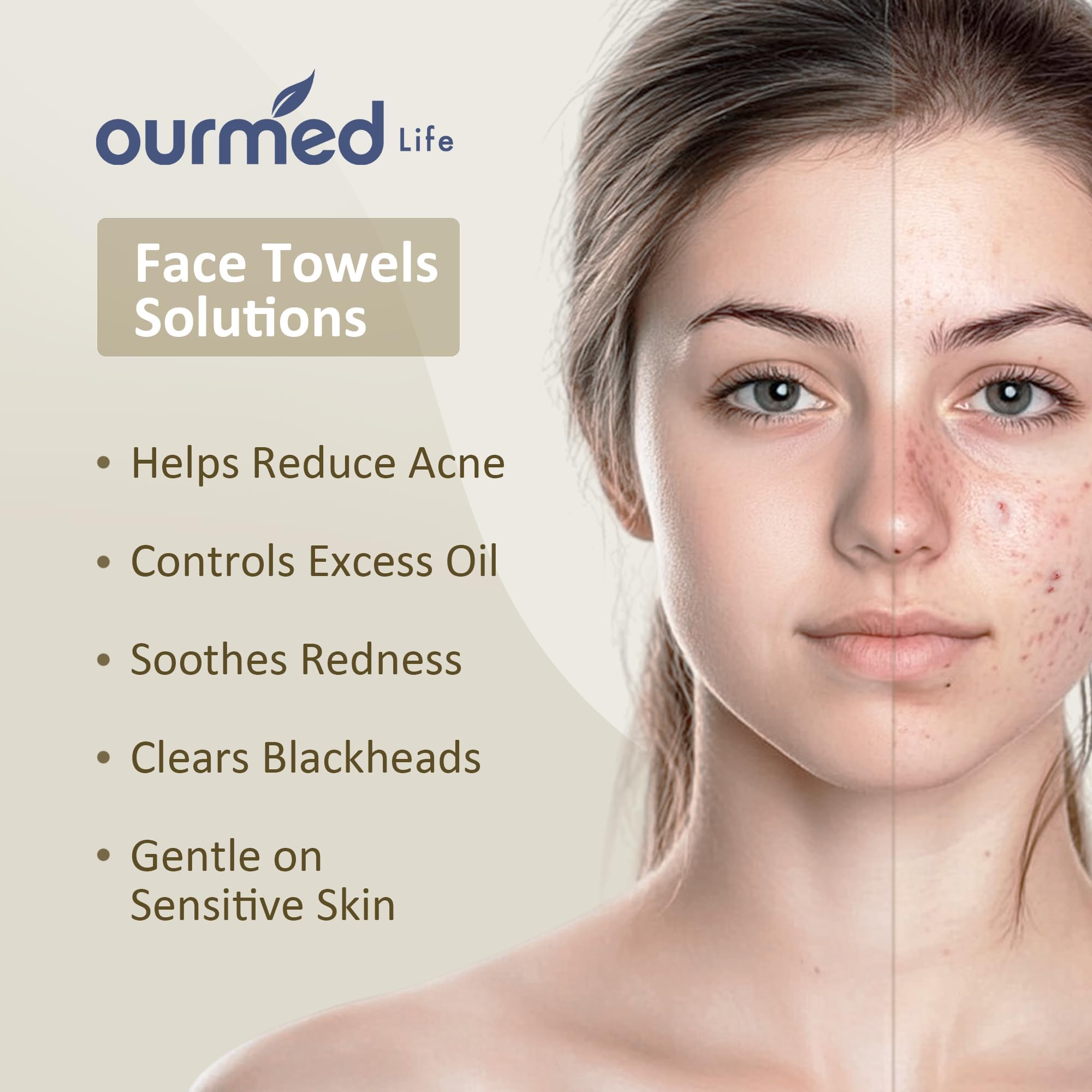 Ourmed Life facial towels shown next to a 10 inch by 12 inch scale