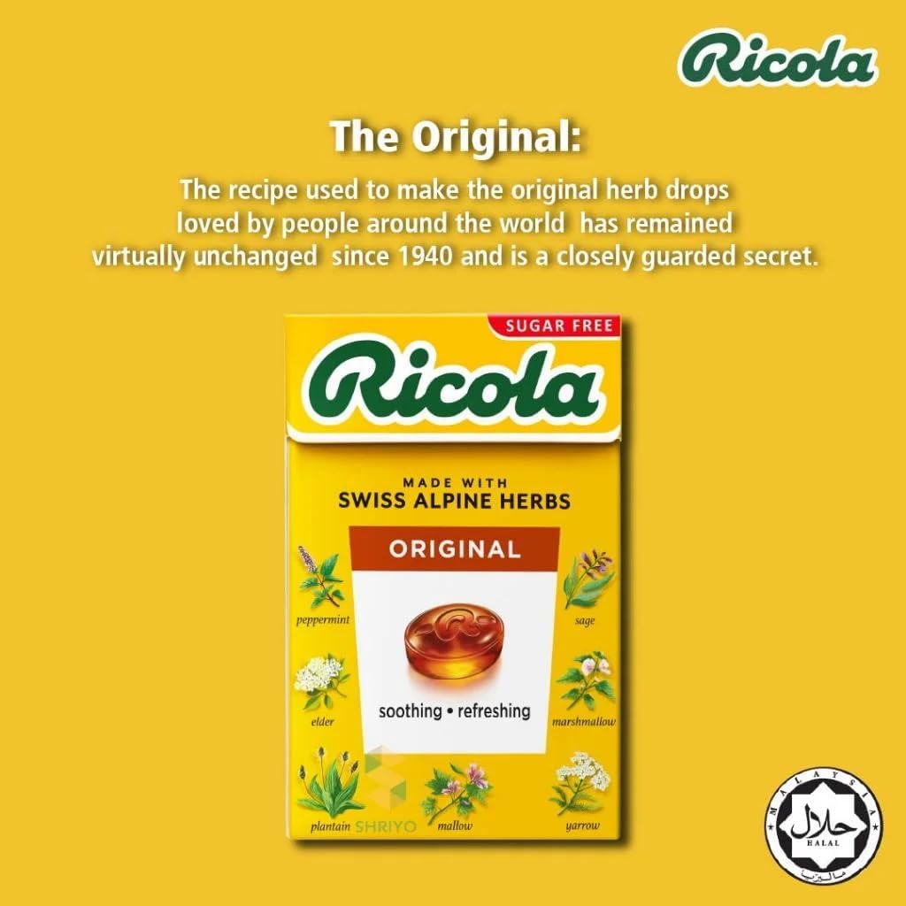 Side view of Ricola sugar free herbal lozenges packaging displaying full ingredient list and nutritional facts.