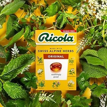 Close up of the imported Ricola Swiss herb drops outer container detailing thirteen alpine medicinal herbs.