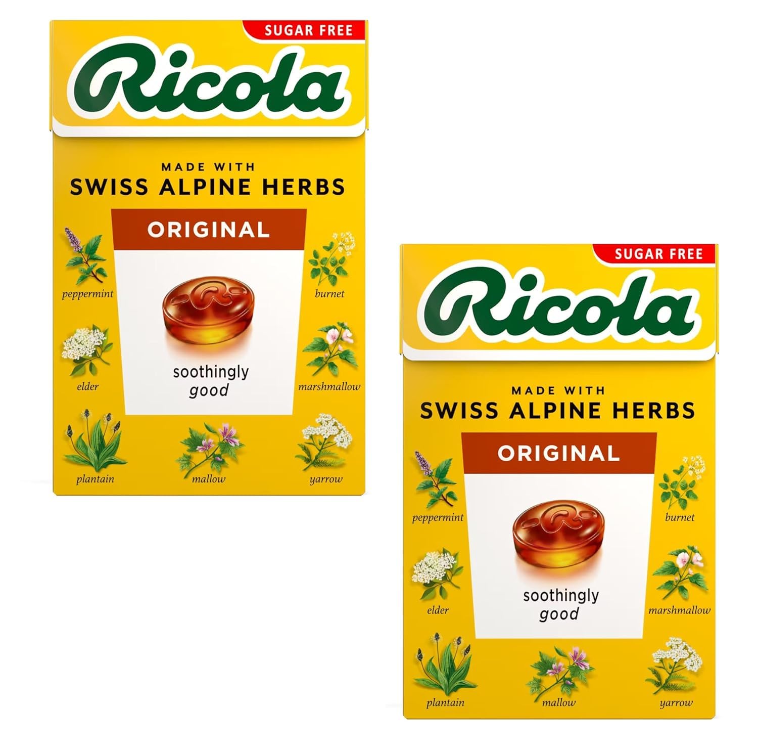 Individual pocket size packs of Ricola original herbal sugar free drops arranged out of the main box.