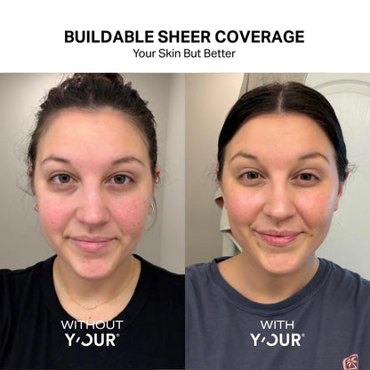 Hydrating skin tint bottle with a dewy finish texture swatch