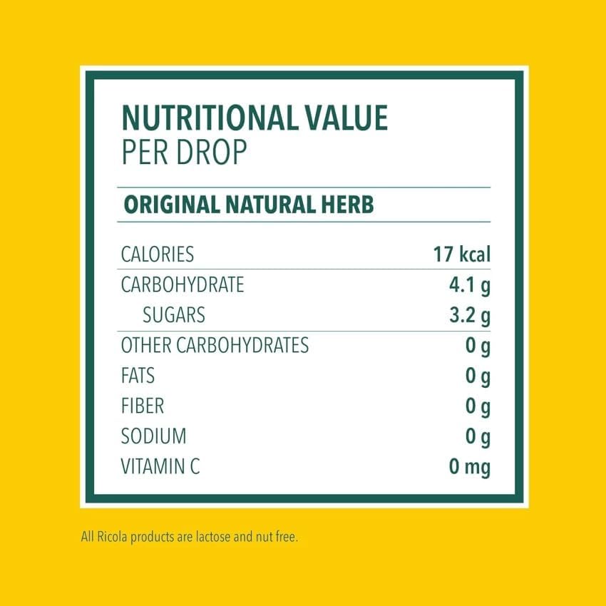 Top perspective of the yellow Ricola sugar free box highlighting the traditional Swiss mountain herb emblem.