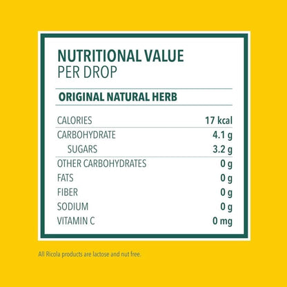 Top perspective of the yellow Ricola sugar free box highlighting the traditional Swiss mountain herb emblem.