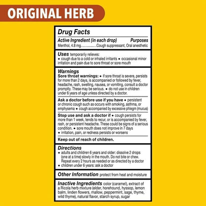 Open view of a Ricola original herb drop pack revealing the classic brown cube shaped lozenges.