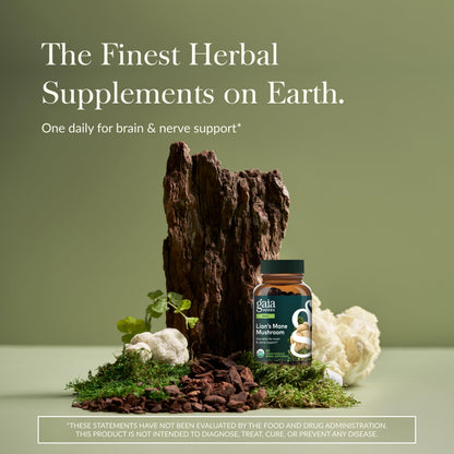 Gaia Herbs Lion's Mane Mushroom supplement nutritional facts and pure ingredients label