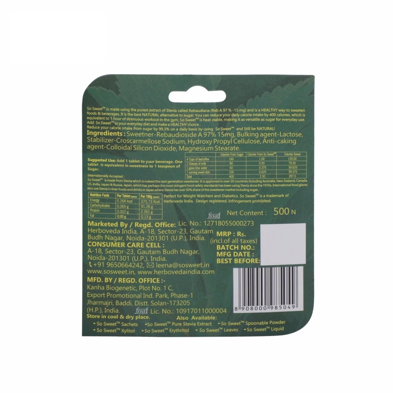 Close up of natural zero calorie stevia sugar substitute packaging showing ingredient facts