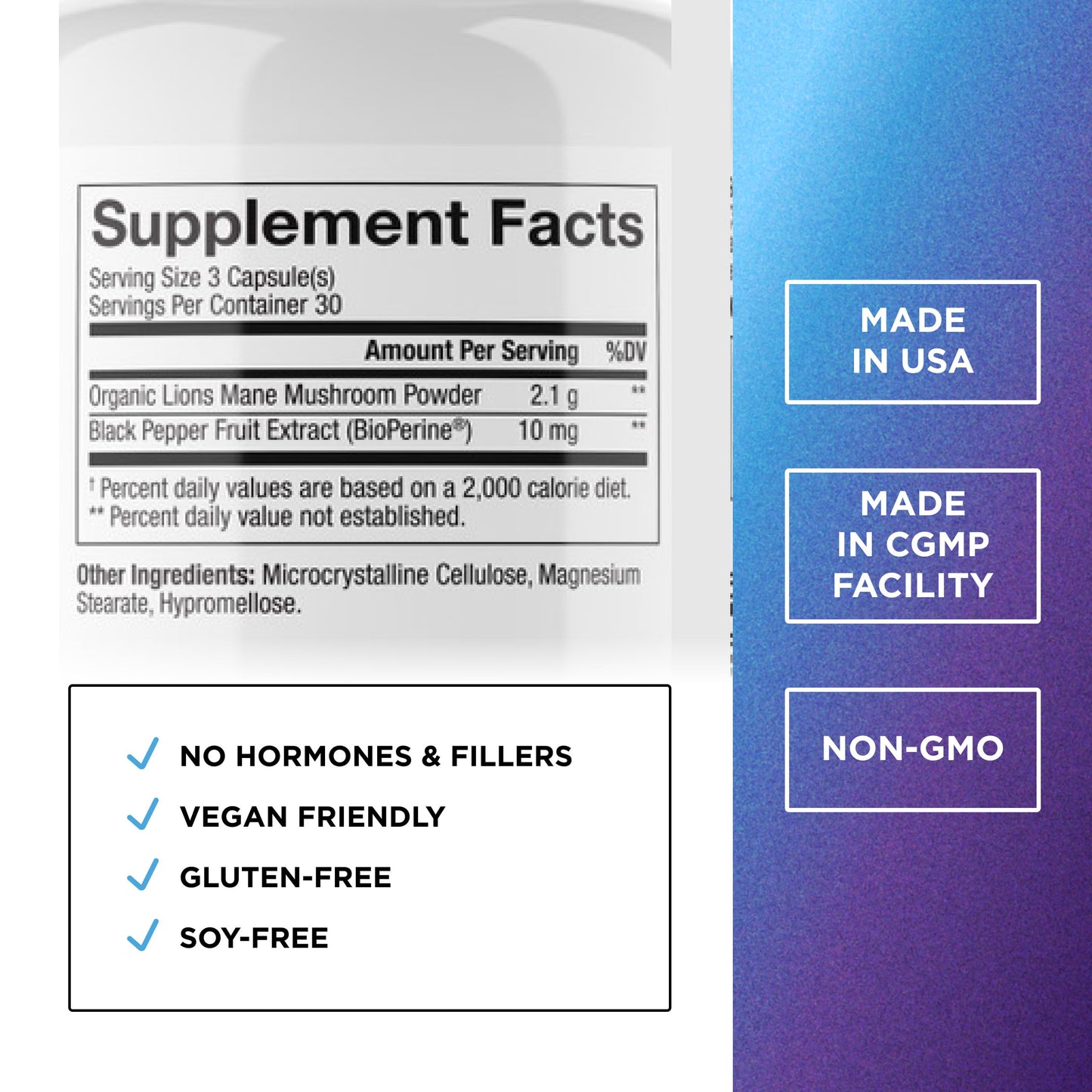 Dr Emil Nutrition 2100mg Lions Mane supplement supplement facts and nutritional info panel.
