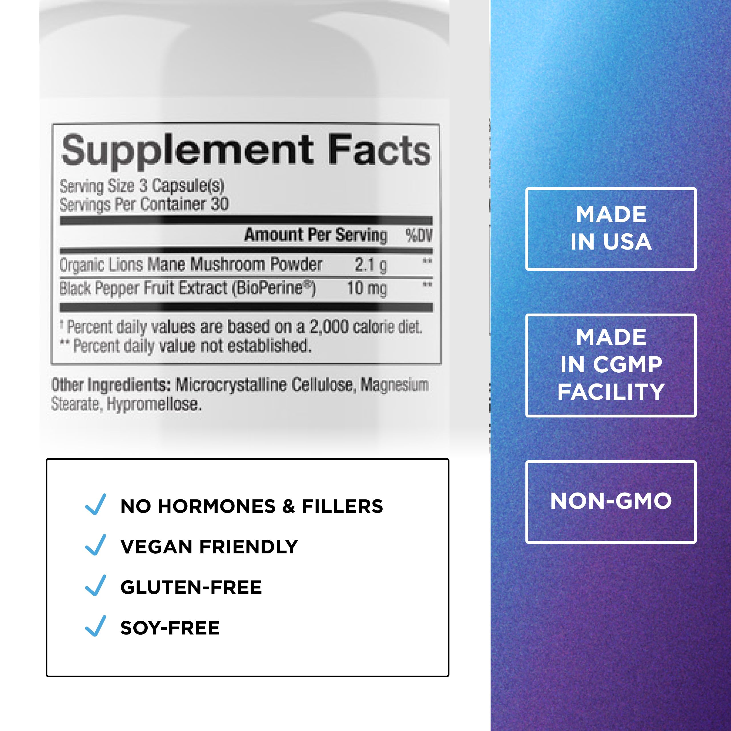 Dr Emil Nutrition 2100mg Lions Mane supplement supplement facts and nutritional info panel.