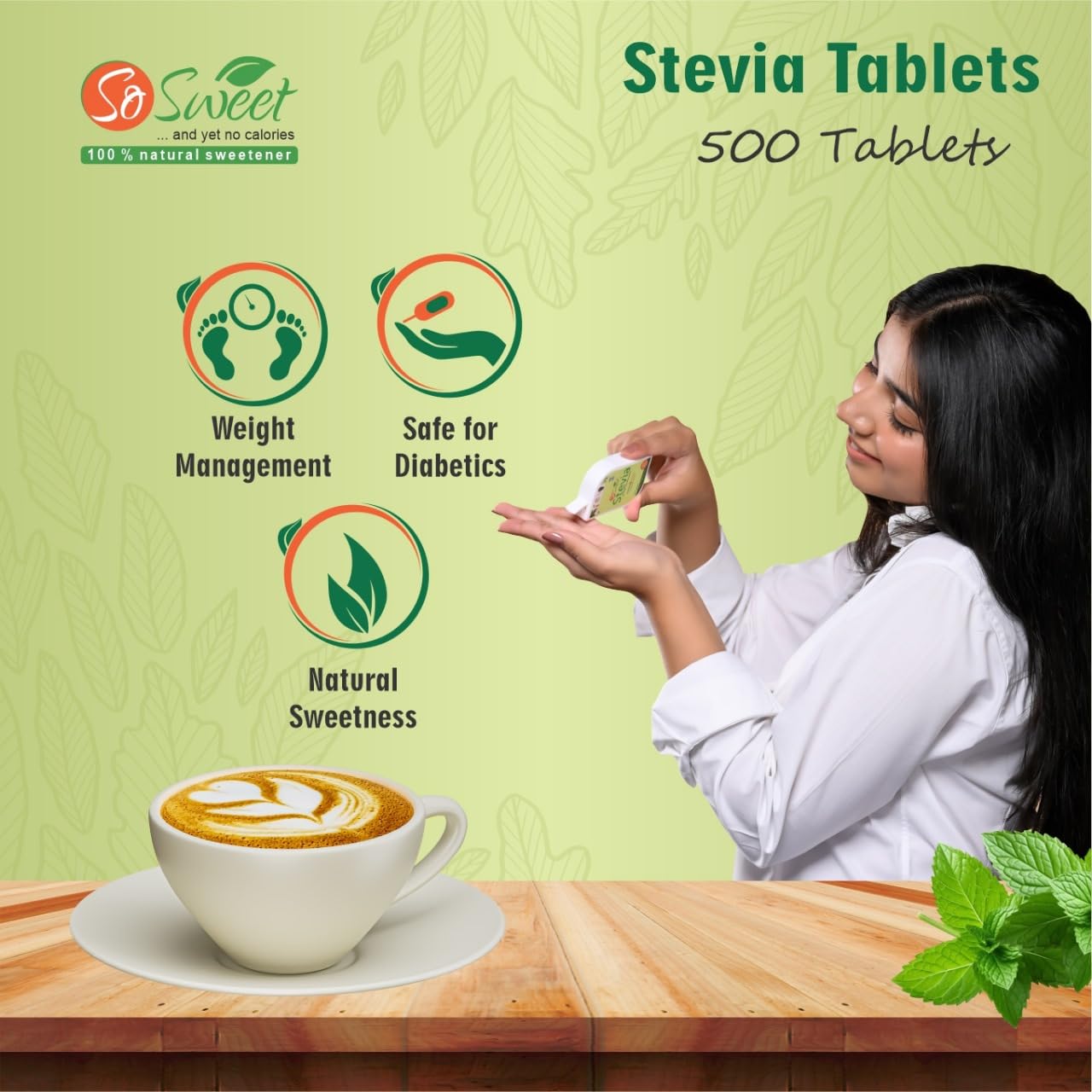 Diabetic friendly plant based sugar substitute tablets dispenser on a kitchen counter