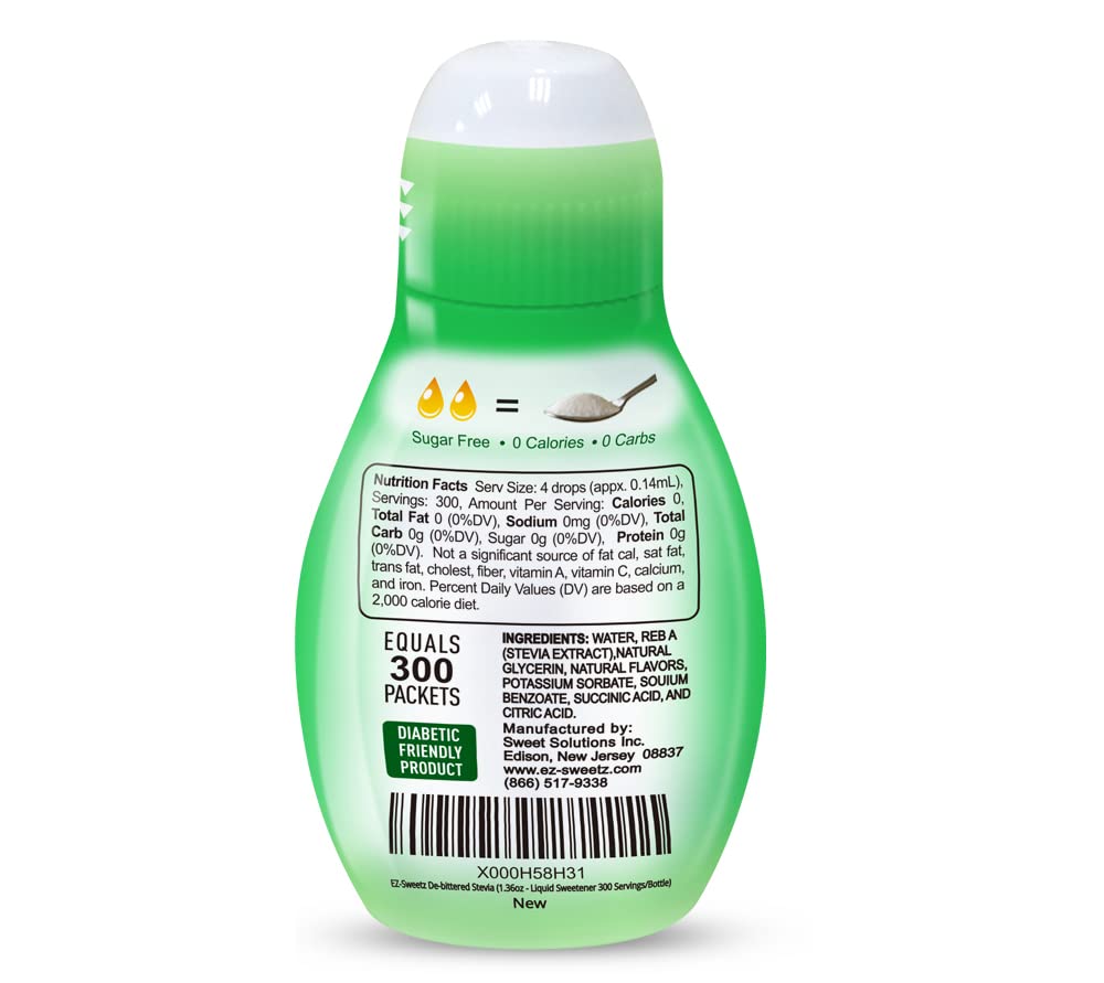 EZ-Sweetz zero calorie sugar substitute bottle showing the nutritional facts label clearly.