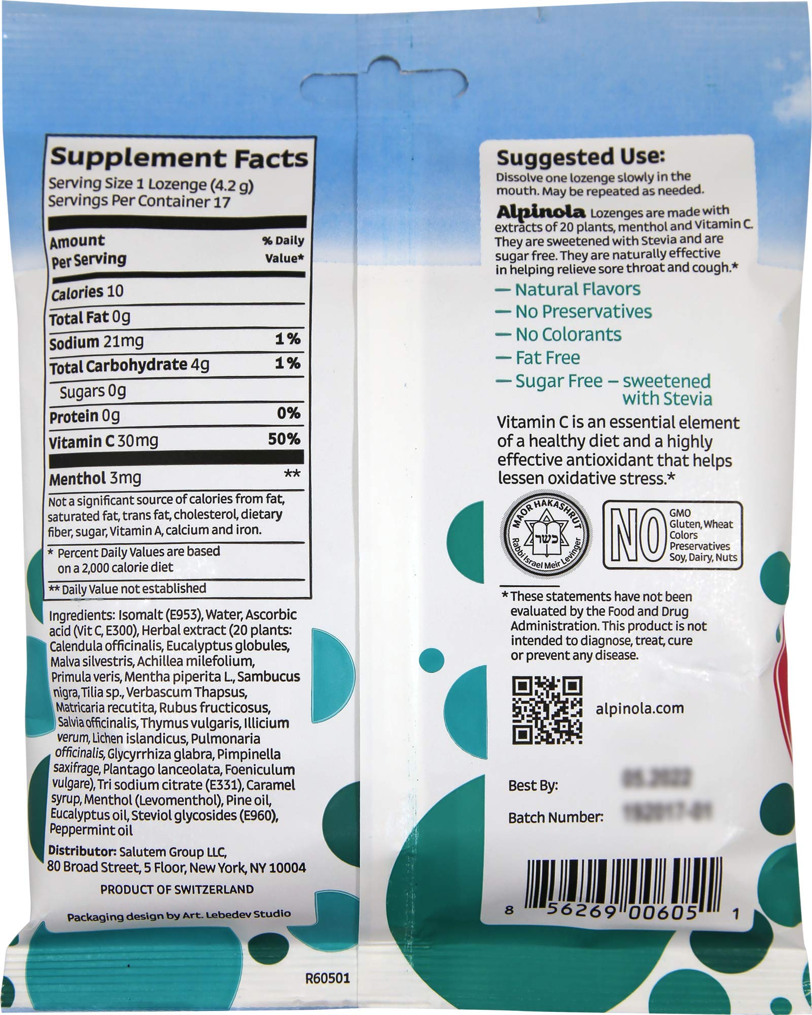 Alpinola Sugar Free Lozenges packaging displaying the twenty alpine herbs ingredient list