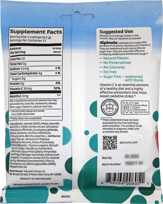 Alpinola Sugar Free Lozenges packaging displaying the twenty alpine herbs ingredient list