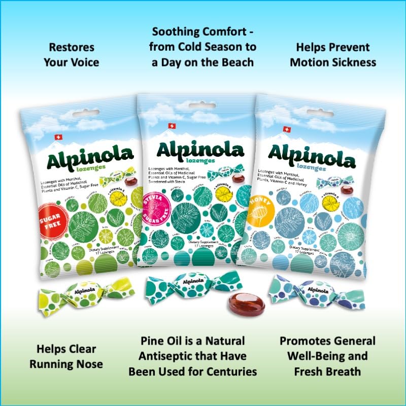 Alpinola Swiss herbal cough drops with stevia sweetener highlights on the label