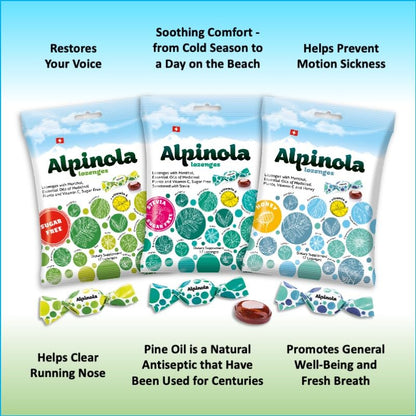 Alpinola Swiss herbal cough drops with stevia sweetener highlights on the label