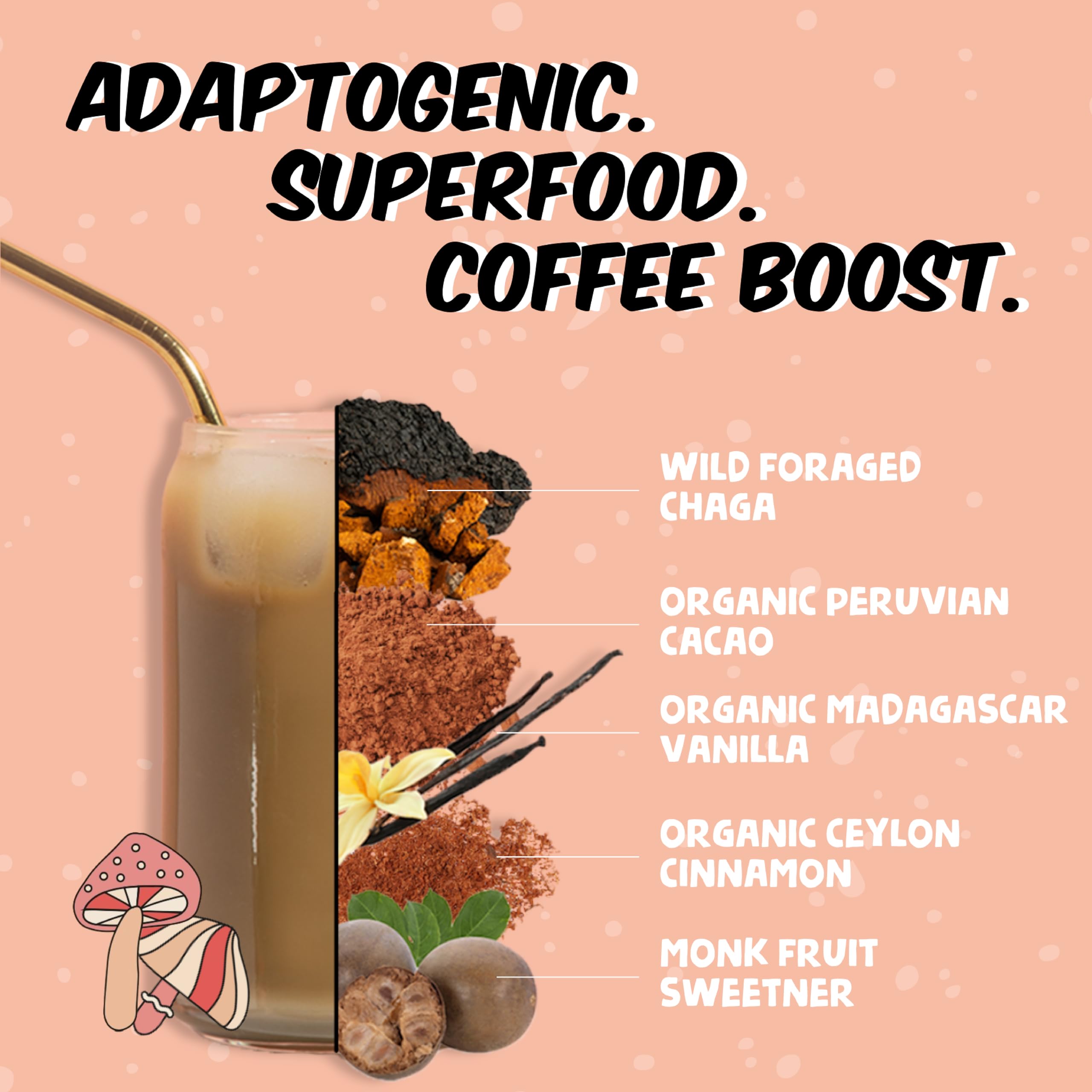 Renude Chagaccino adaptogenic powder ingredients display with cacao and cinnamon