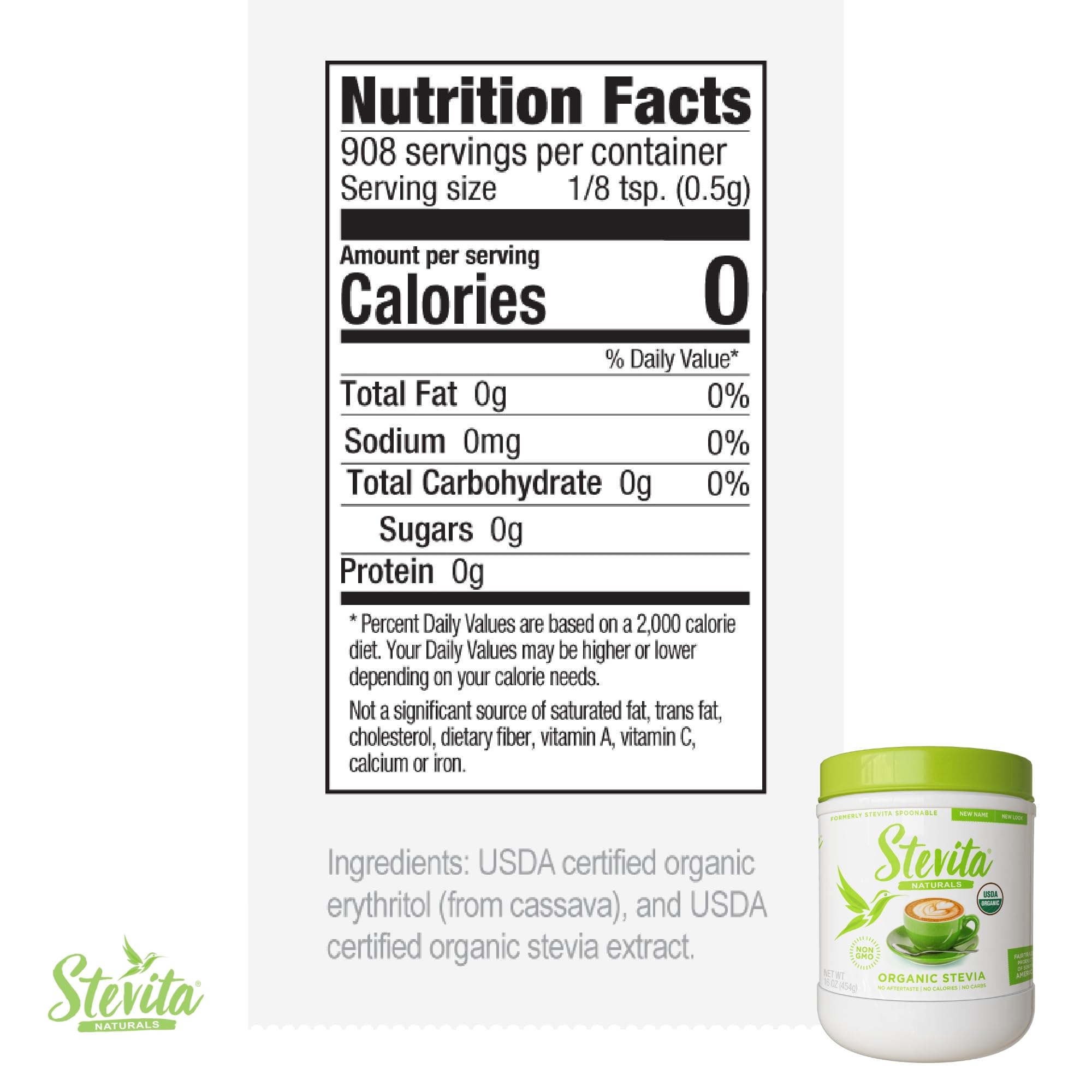 Stevita granulated spoonable stevia sixteen ounce packaging zero calorie dietary sweetener