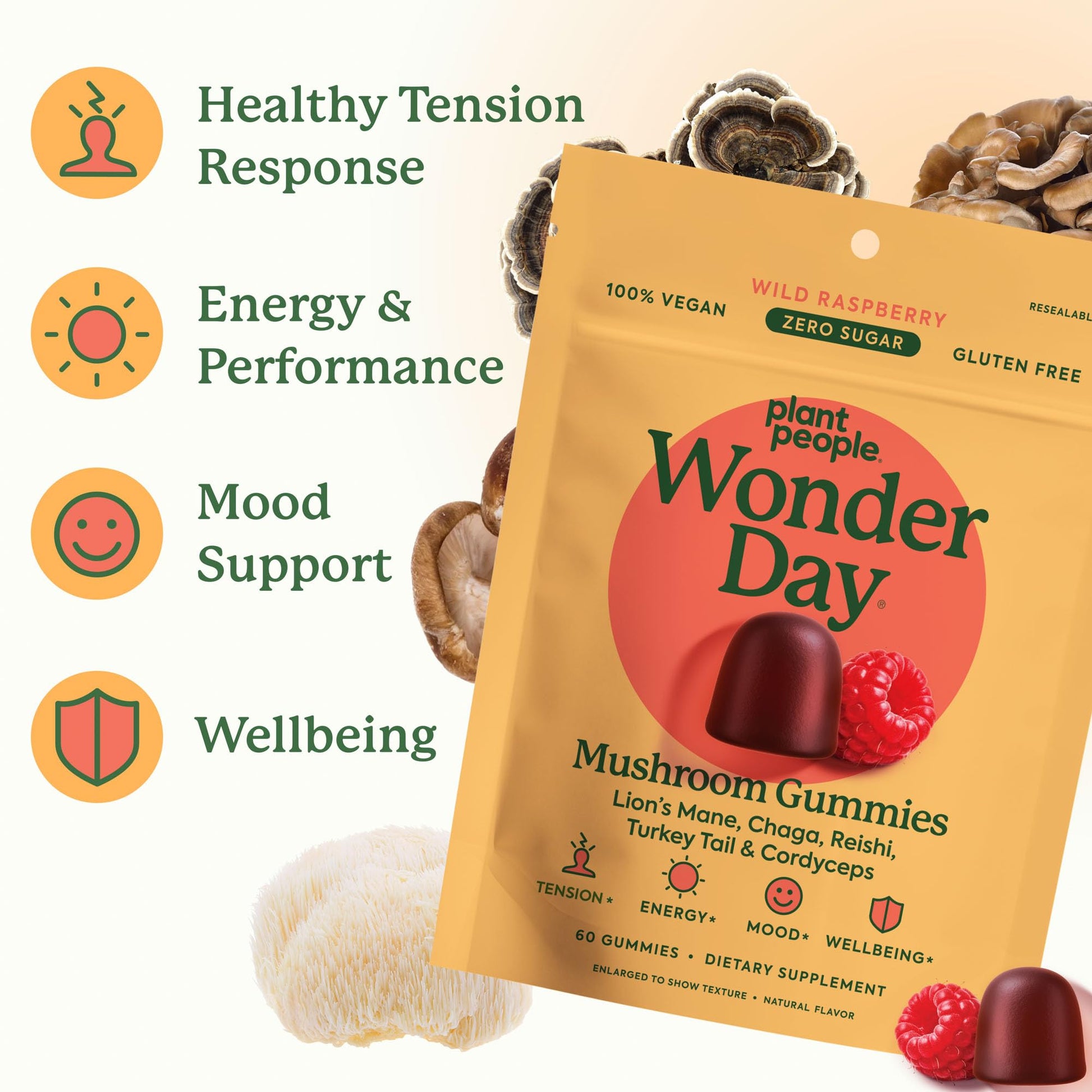 Vegan and gluten free functional mushroom gummies by Plant People for stress relief