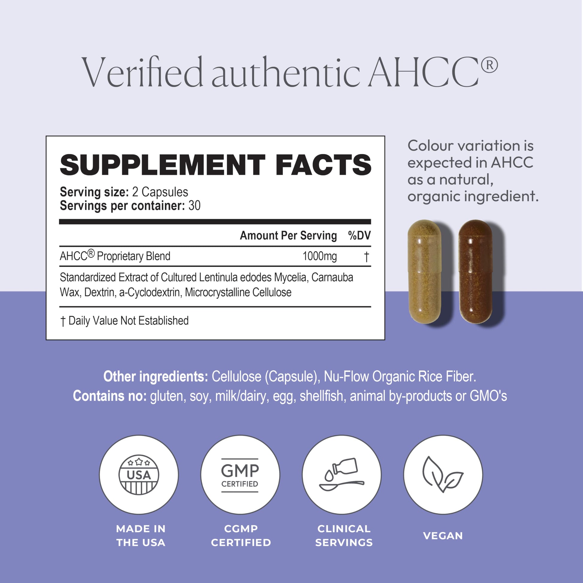 Side view of Papillex AHCC maximum strength capsule count showing clean formulation ingredients