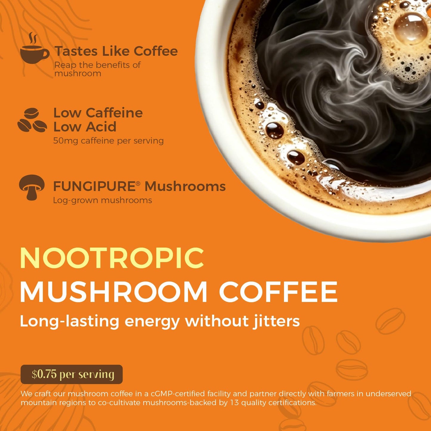 Eco-Taste powdered mushroom extract coffee mix for memory support.