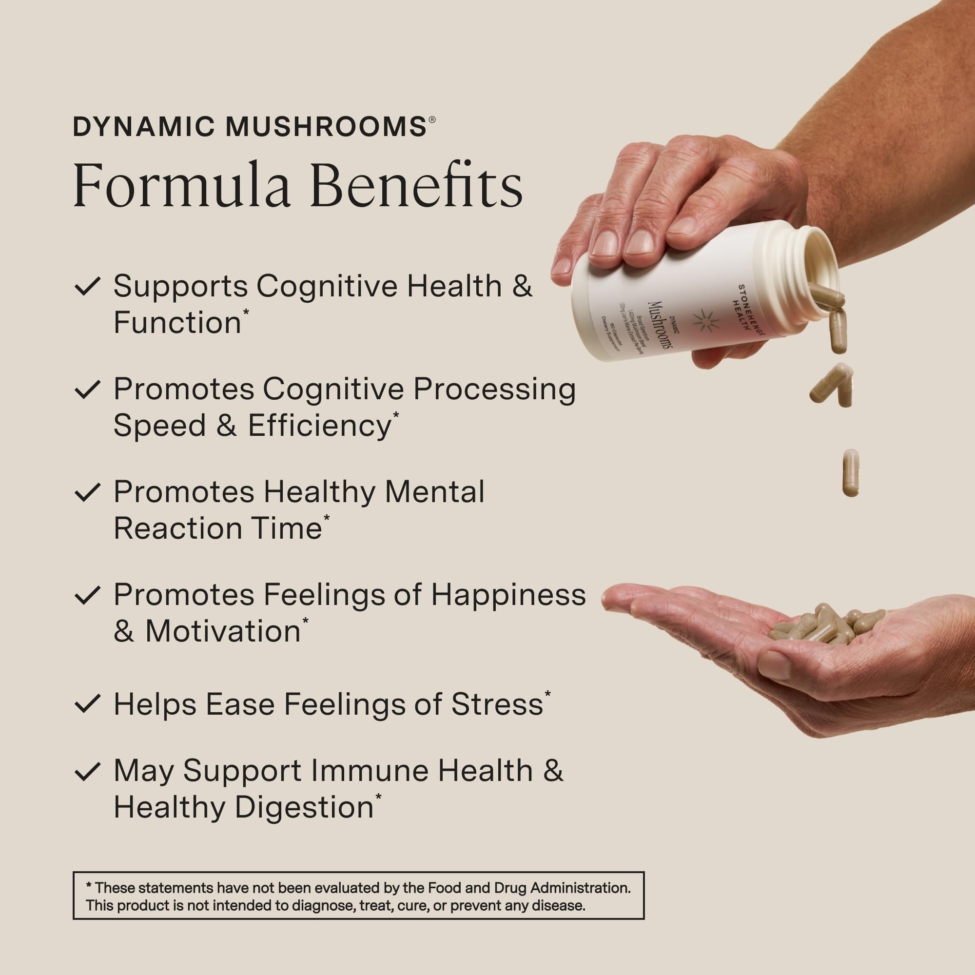 Stonehenge Health 5 mushroom complex supplement facts label displaying Lion's Mane and Reishi dosages.