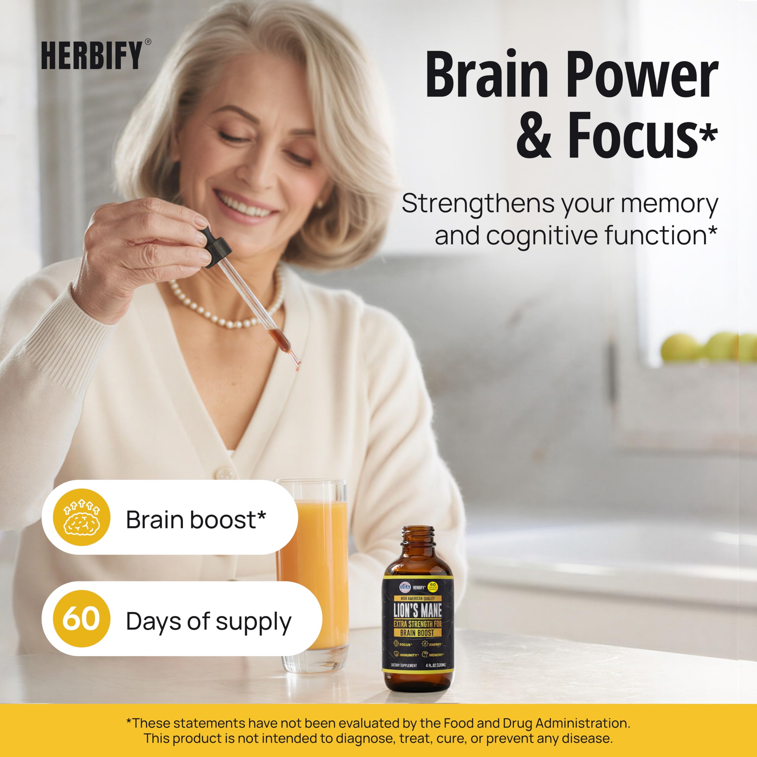 Herbify Lions Mane tincture glass bottle with dropper showing organic brain booster fluid.