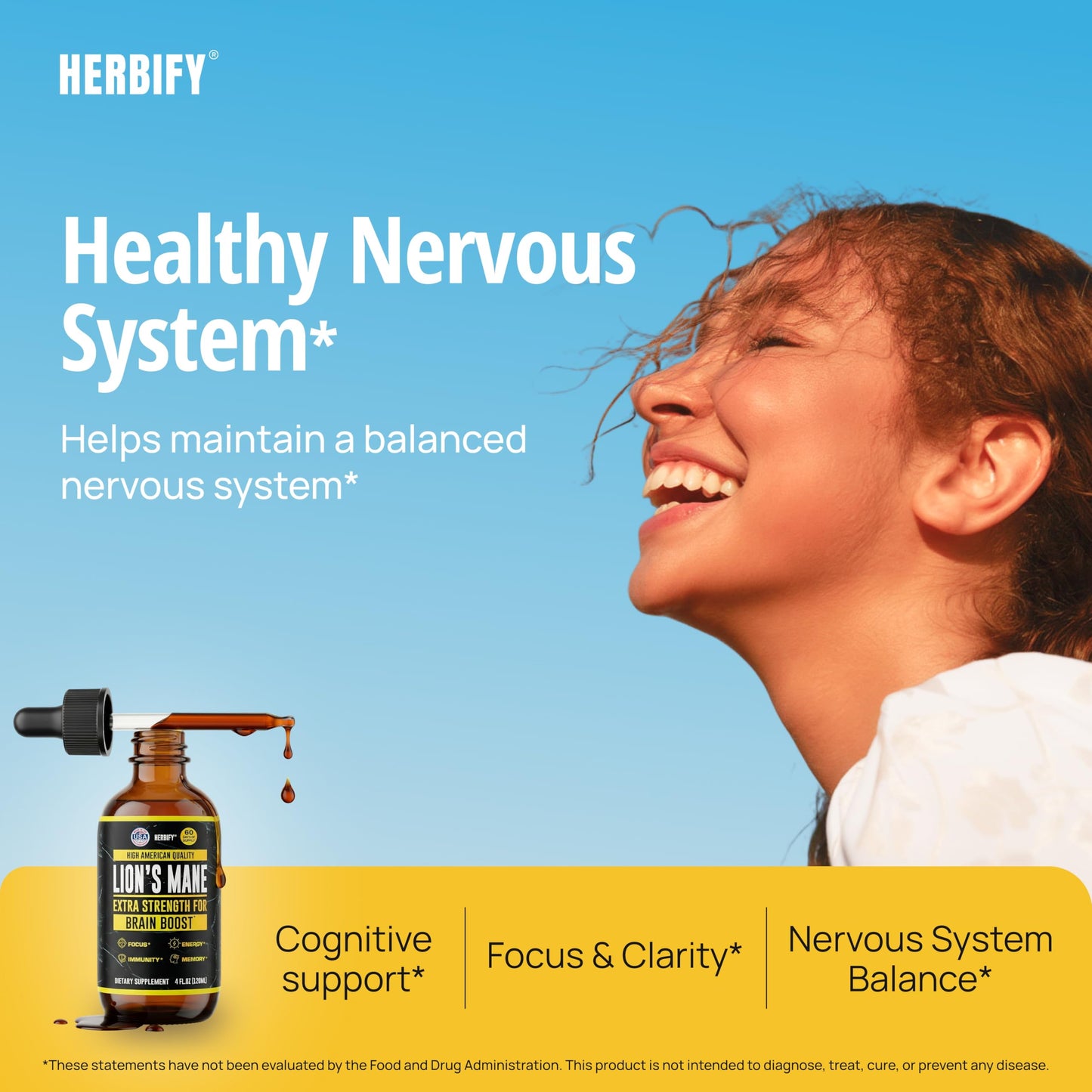 Premium Herbify mushroom supplement label detailing the pure fruiting body ingredients.