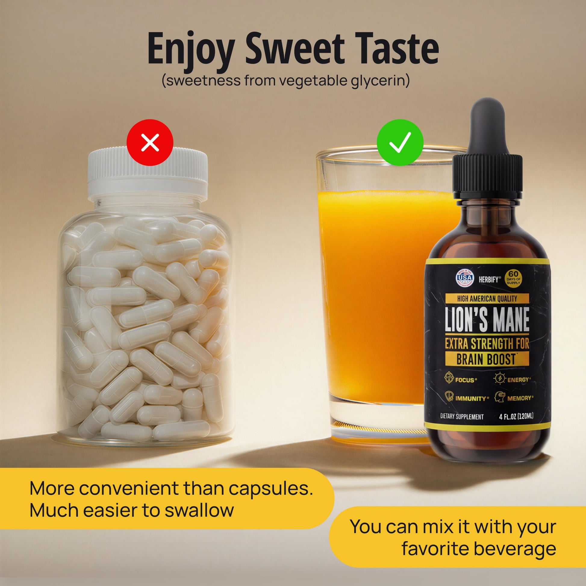 Herbify organic nootropic tincture 120ml bottle showing product instructions and dosage.