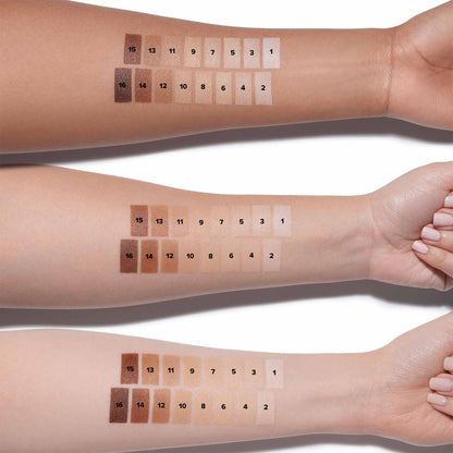 Swatches of Anastasia Beverly Hills Beauty Balm foundation on multiple skin tones