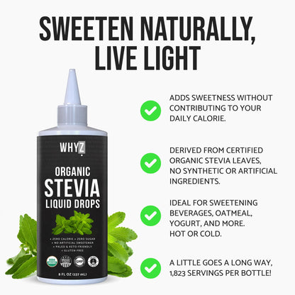 WHYZ zero calorie liquid sweetener bottle back label with organic stevia extract ingredients