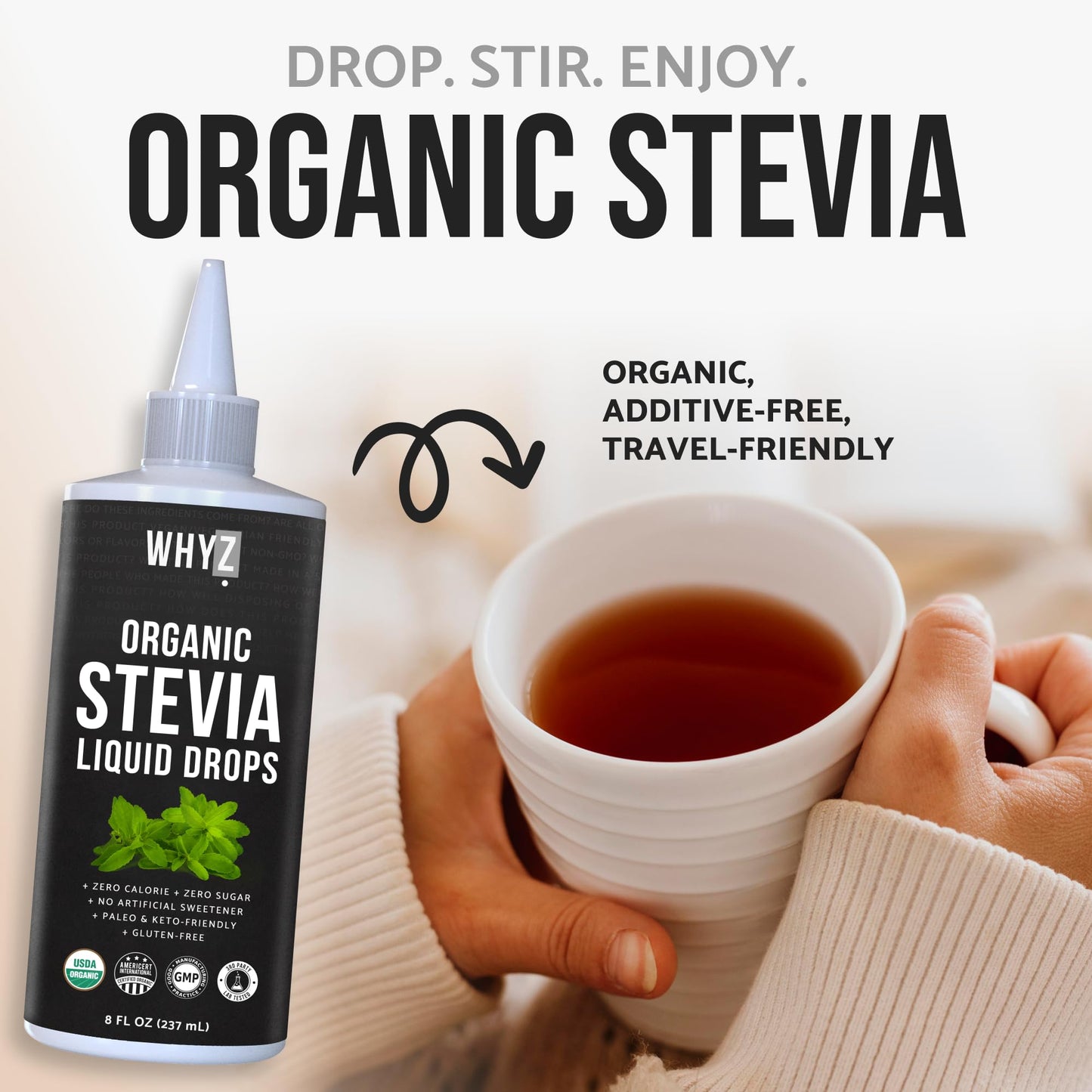 Authentic USA imported WHYZ liquid stevia drops zero carb sugar alternative for coffee