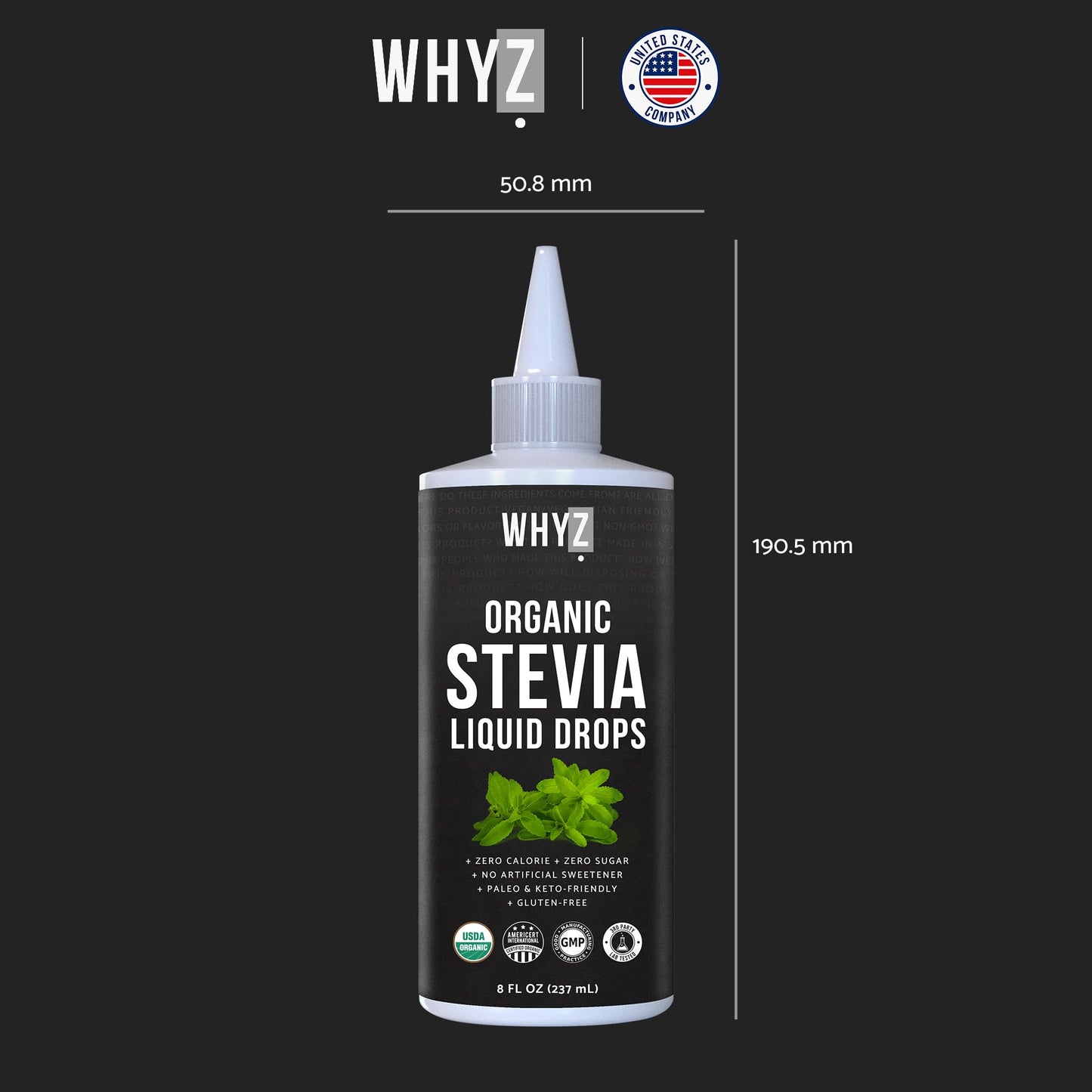 Side view of WHYZ organic stevia extract bottle highlighting eighteen hundred servings count