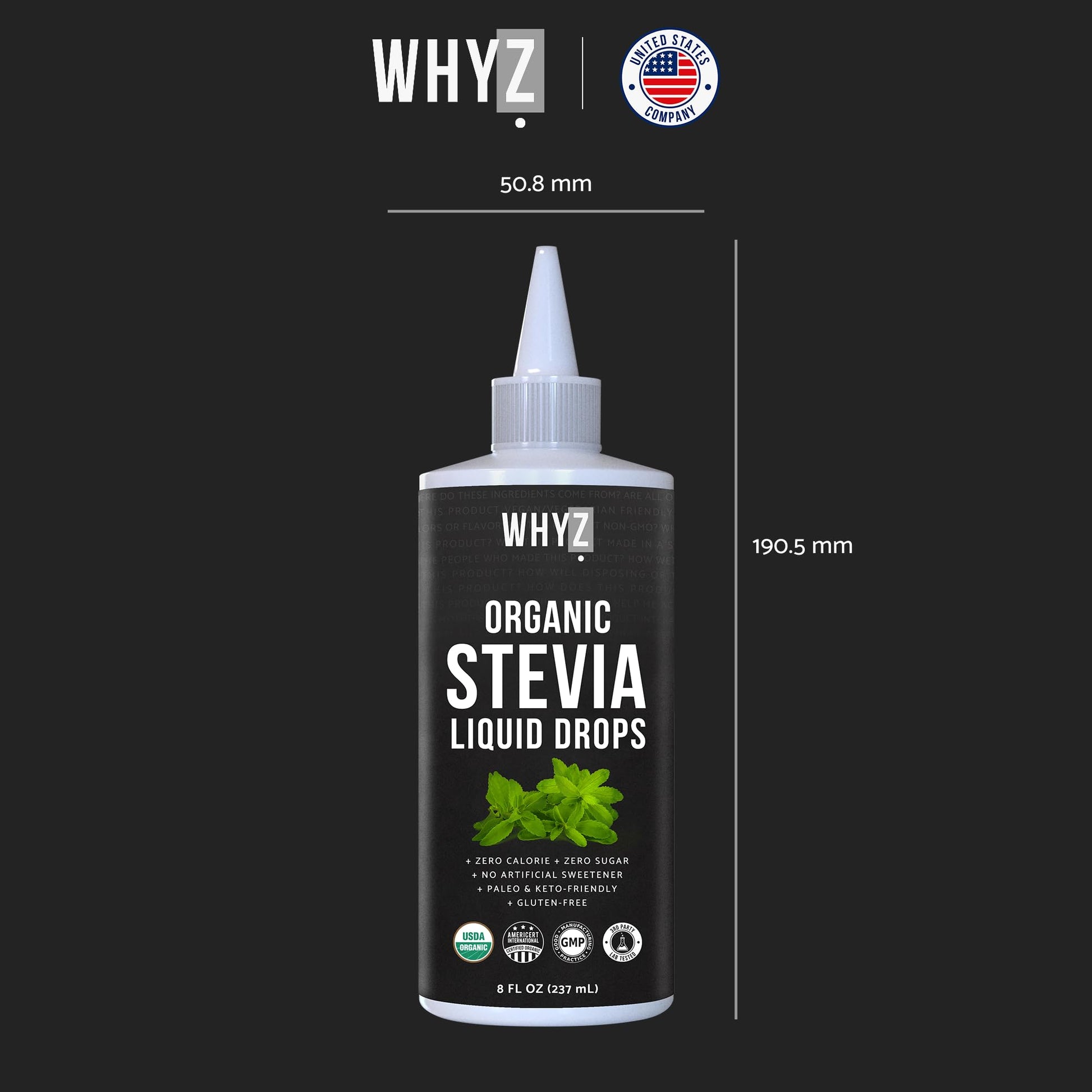 Side view of WHYZ organic stevia extract bottle highlighting eighteen hundred servings count