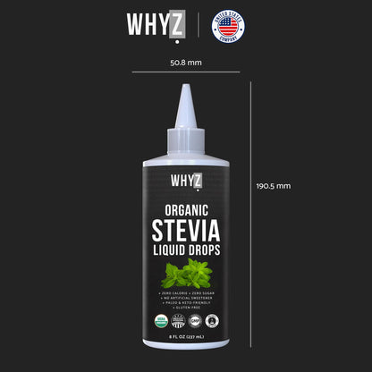 Side view of WHYZ organic stevia extract bottle highlighting eighteen hundred servings count
